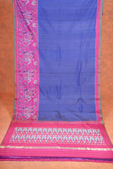 Handloom Twill Double Ikat Silk Saree - Blue Stripes Pink Elephant Border