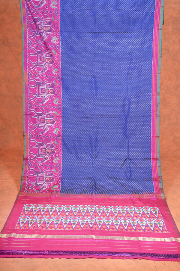 Handloom Twill Double Ikat Silk Saree - Blue Stripes Pink Elephant Border