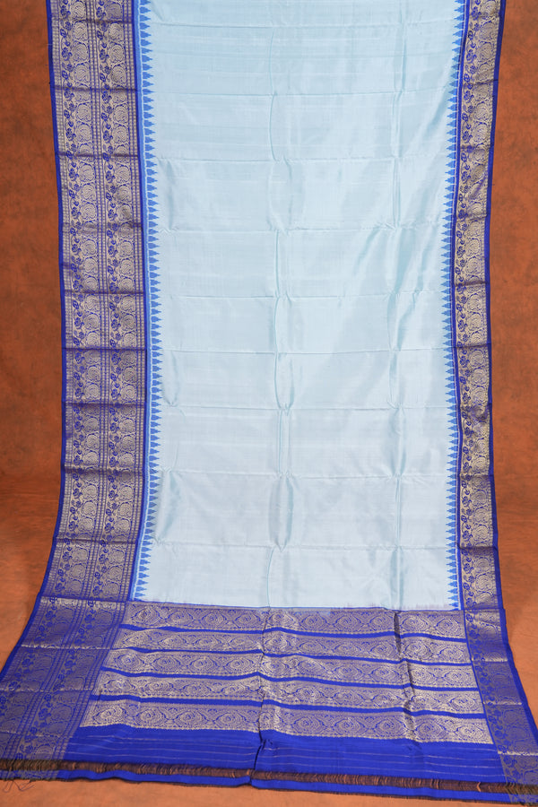 Handloom Ikat Silk Saree - White Blue Kanchi Border