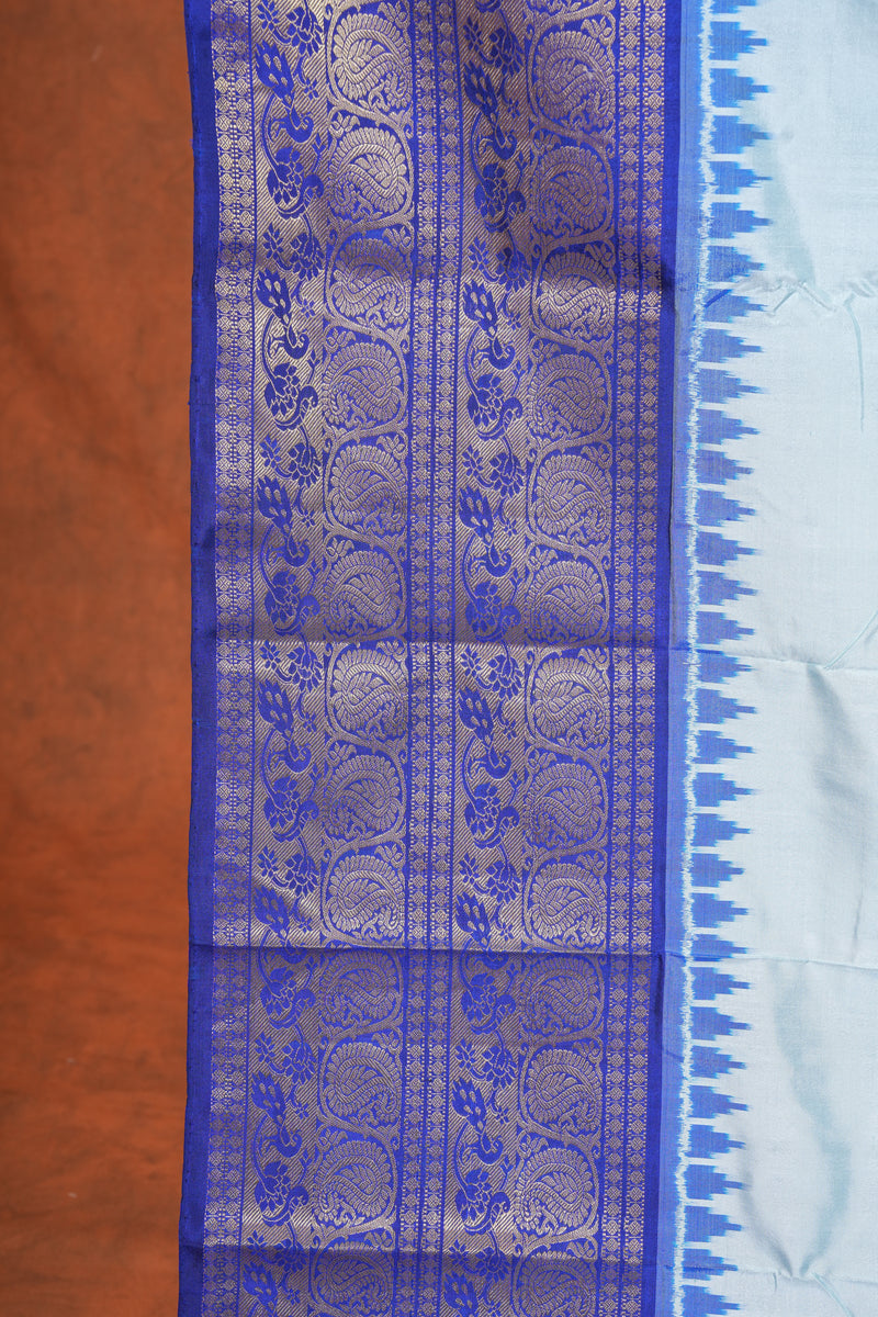 Handloom Ikat Silk Saree - White Blue Kanchi Border