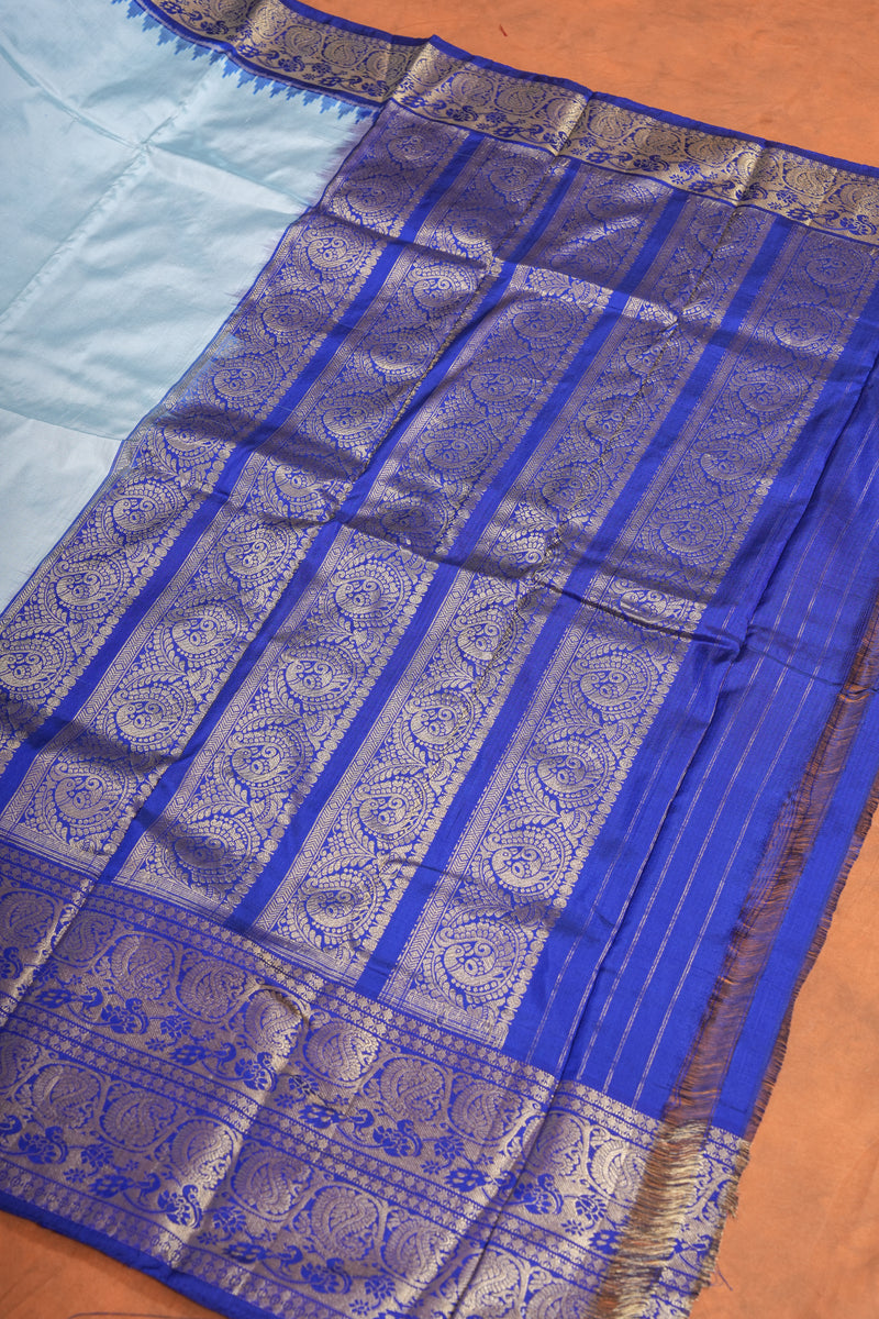 Handloom Ikat Silk Saree - White Blue Kanchi Border