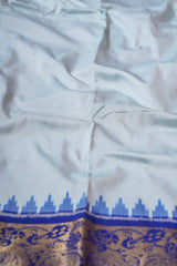 Handloom Ikat Silk Saree - White Blue Kanchi Border