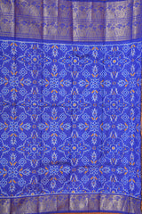 Handloom Ikat Silk Saree - White Blue Kanchi Border