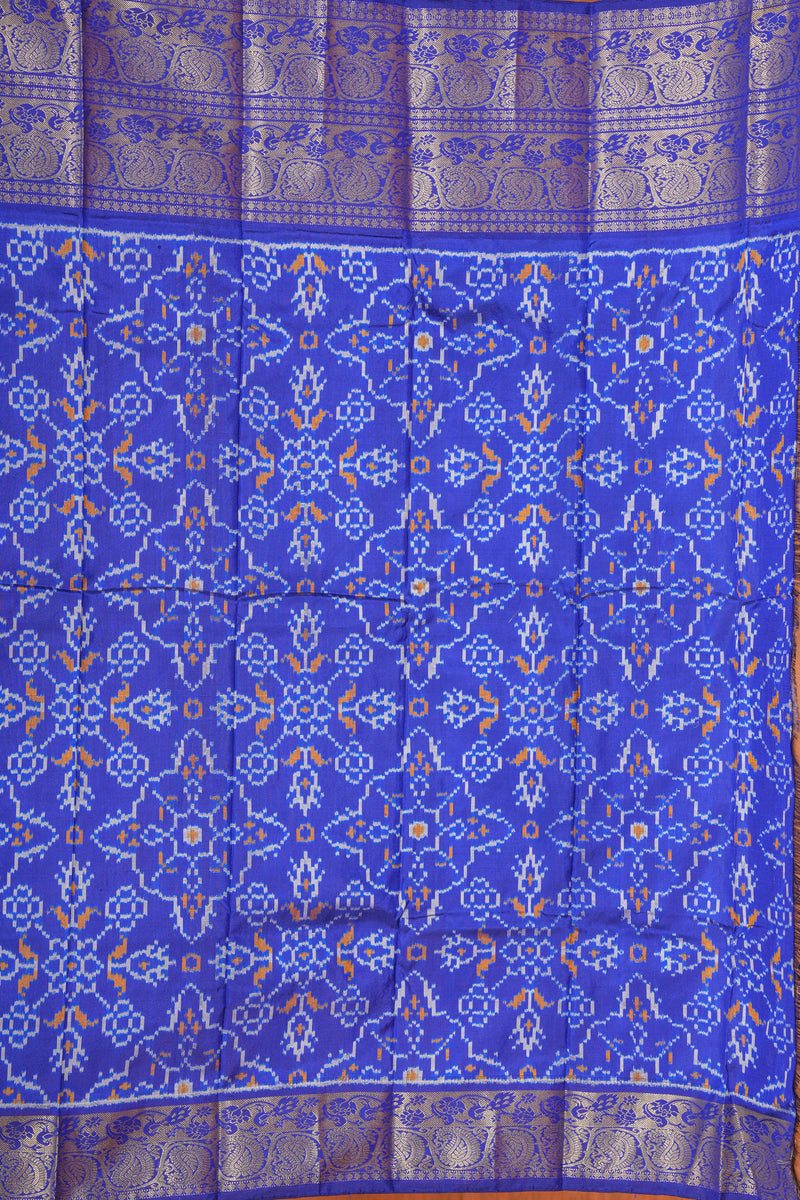 Handloom Ikat Silk Saree - White Blue Kanchi Border