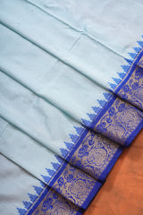 Handloom Ikat Silk Saree - White Blue Kanchi Border