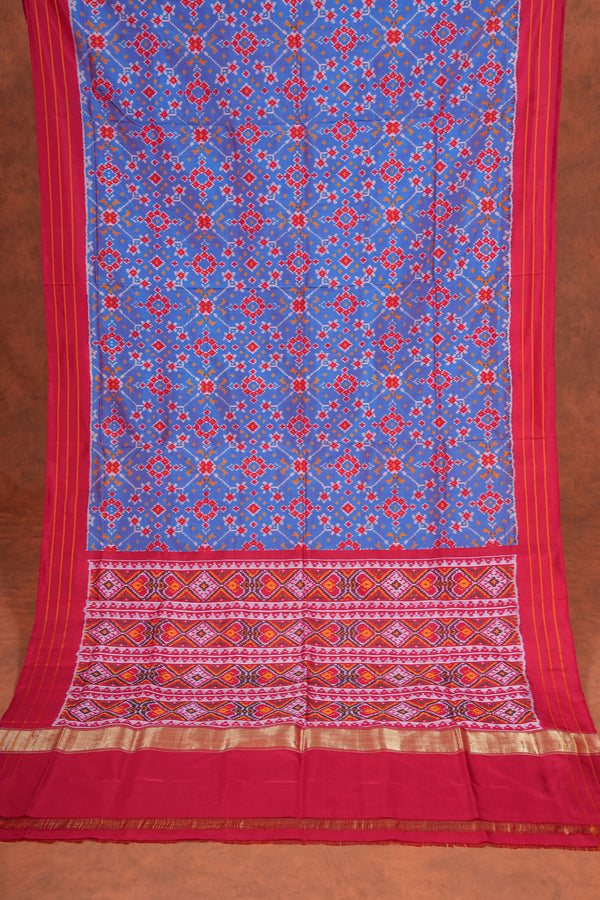 Handloom Ikat Silk Saree - Blue Red Border