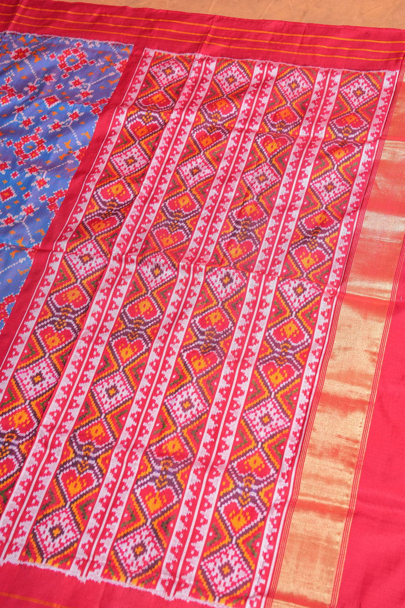 Handloom Ikat Silk Saree - Blue Red Border