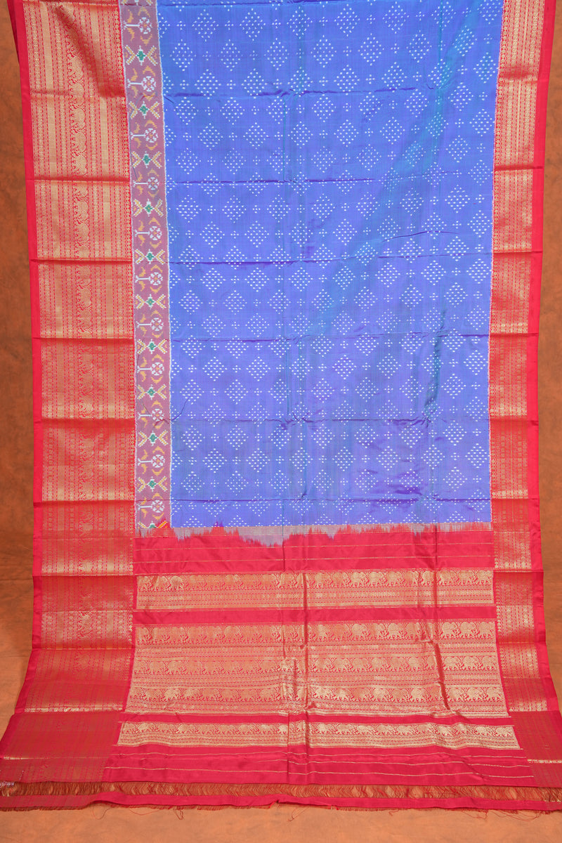 Handloom Ikat Silk Sree - Blue Red Kanchi Border