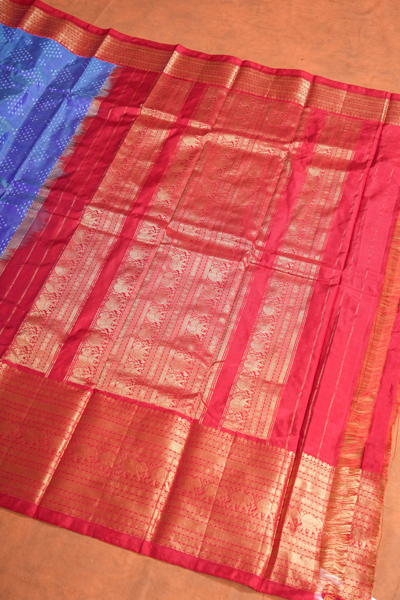 Handloom Ikat Silk Sree - Blue Red Kanchi Border