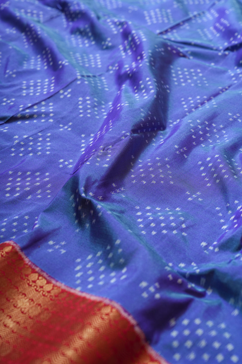 Handloom Ikat Silk Sree - Blue Red Kanchi Border