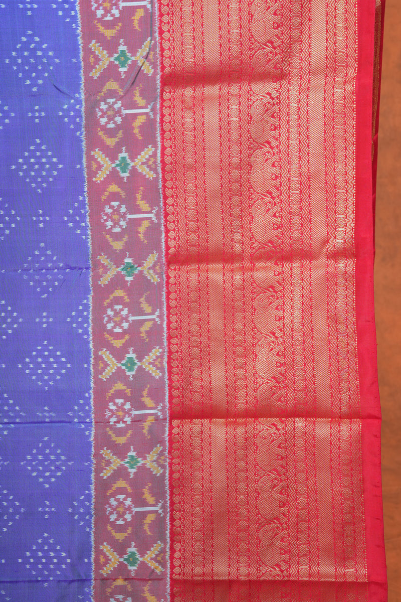 Handloom Ikat Silk Sree - Blue Red Kanchi Border