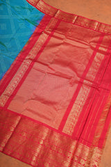 Handloom Ikat Silk Saree - Peacock Green Red Kanchi Border