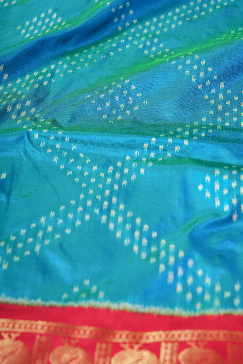 Handloom Ikat Silk Saree - Peacock Green Red Kanchi Border