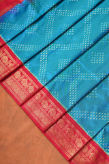 Handloom Ikat Silk Saree - Peacock Green Red Kanchi Border