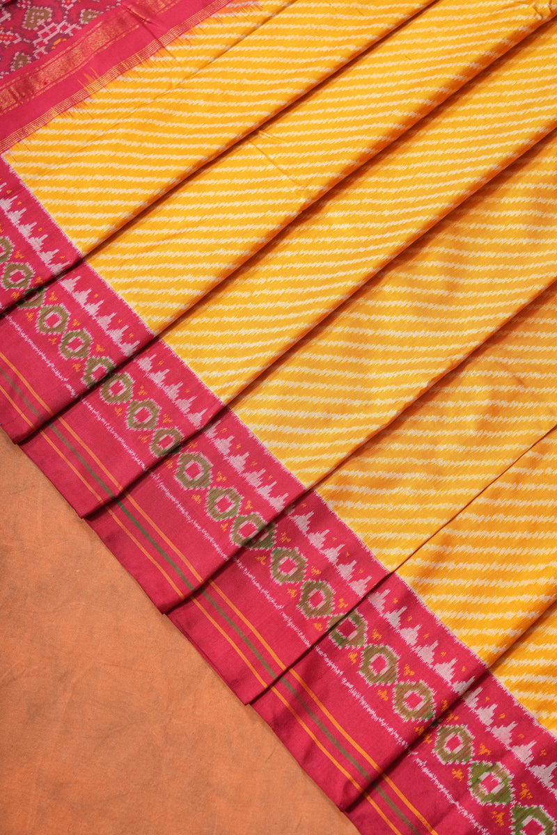 Handloom Twill Double Ikat Silk Saree - Yellow Stripes Red Border