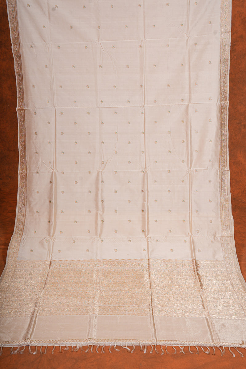 Real Zari Handloom Kadhua Banarasi Katan Silk Saree - Butidar - Off White Elephant