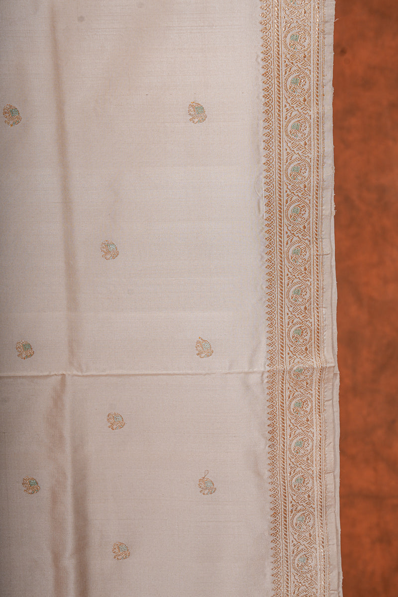 Real Zari Handloom Kadhua Banarasi Katan Silk Saree - Butidar - Off White Elephant