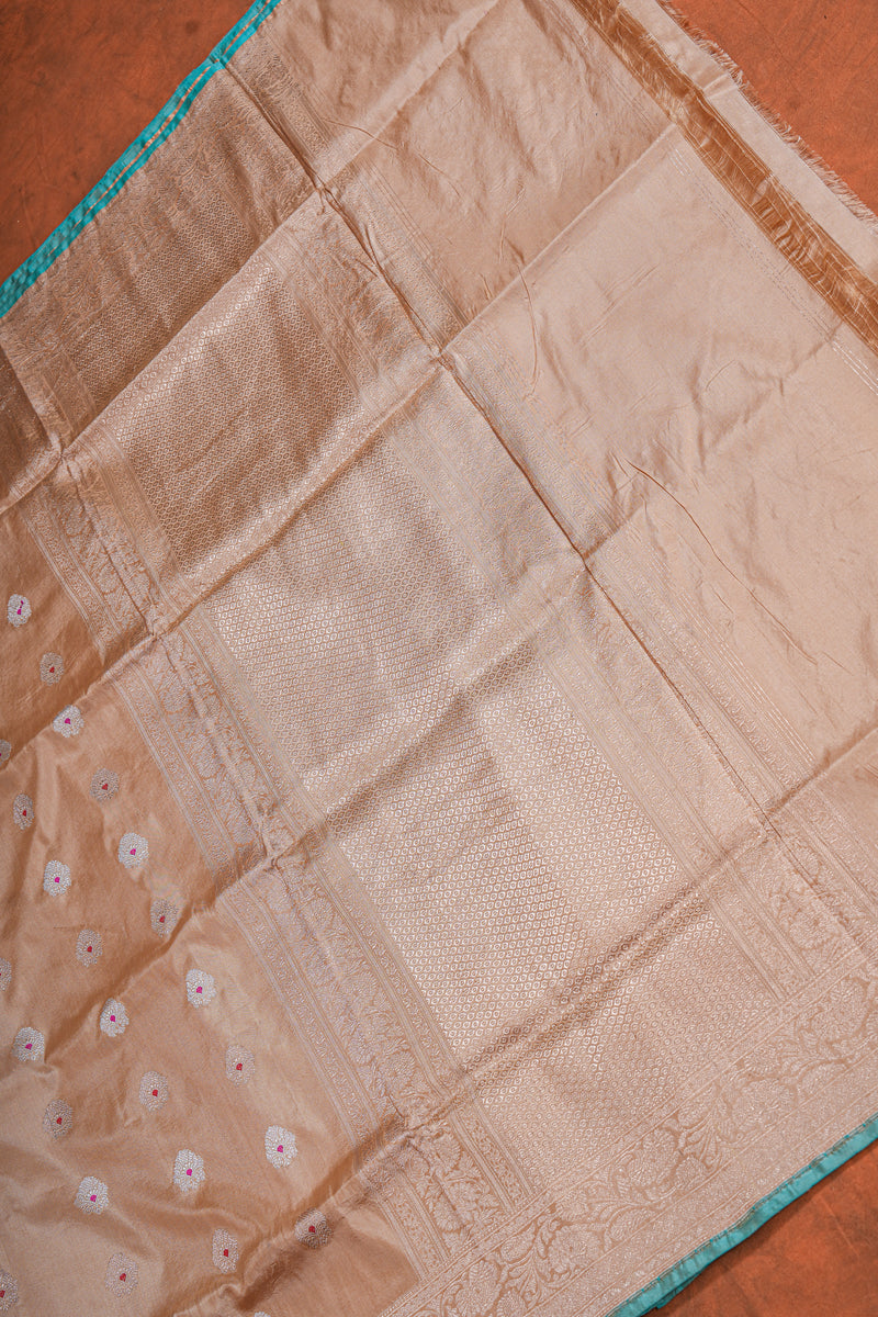 Handloom Kadhua Banarasi Katan Silk Saree - Butidar - Peach Minedar Floral