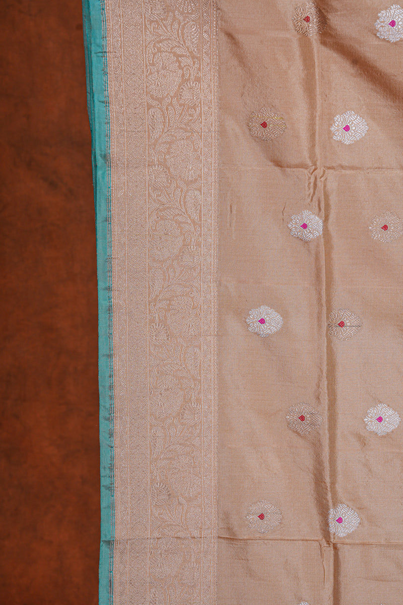 Handloom Kadhua Banarasi Katan Silk Saree - Butidar - Peach Minedar Floral