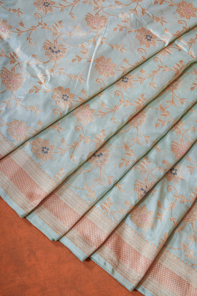 Real Zari Handloom Kadhua Banarasi Katan Silk Saree - Jaangla - Pastel Blue Minakari