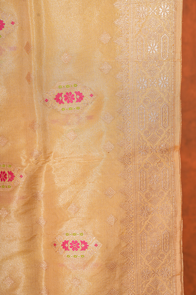 Real Zari Handloom Kadhua Banarasi Katan Silk Saree - Butidar - Yellow Geometric Chevron