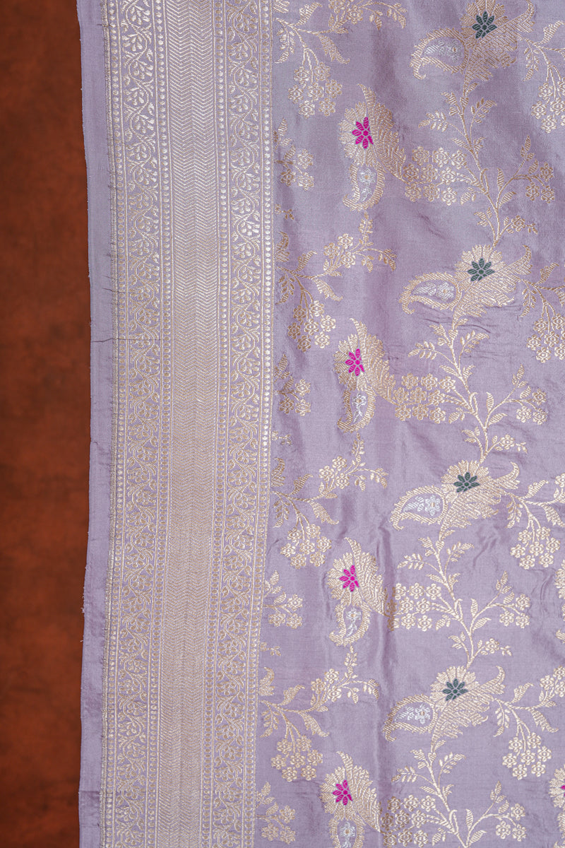 Handloom Kadhua Banarasi Katan Silk Saree - Jaal - Light Violet Minedar Floral