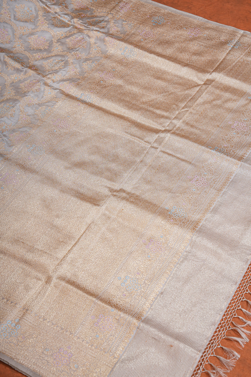 Real Zari Handloom Kadhua Banarasi Katan Silk Saree - Jaangla - Grey Minakari