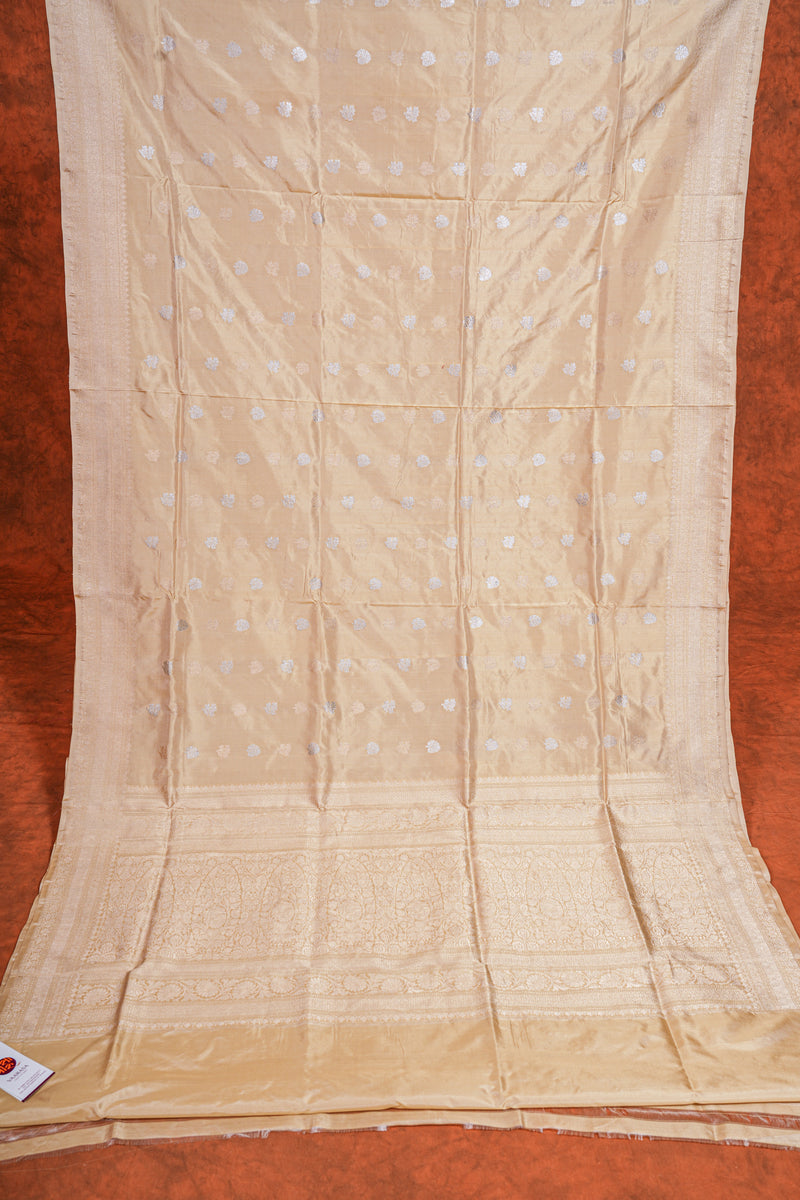 Handloom Kadhua Banarasi Katan Silk Saree - Butidar - Beige Sona Rupa Floral