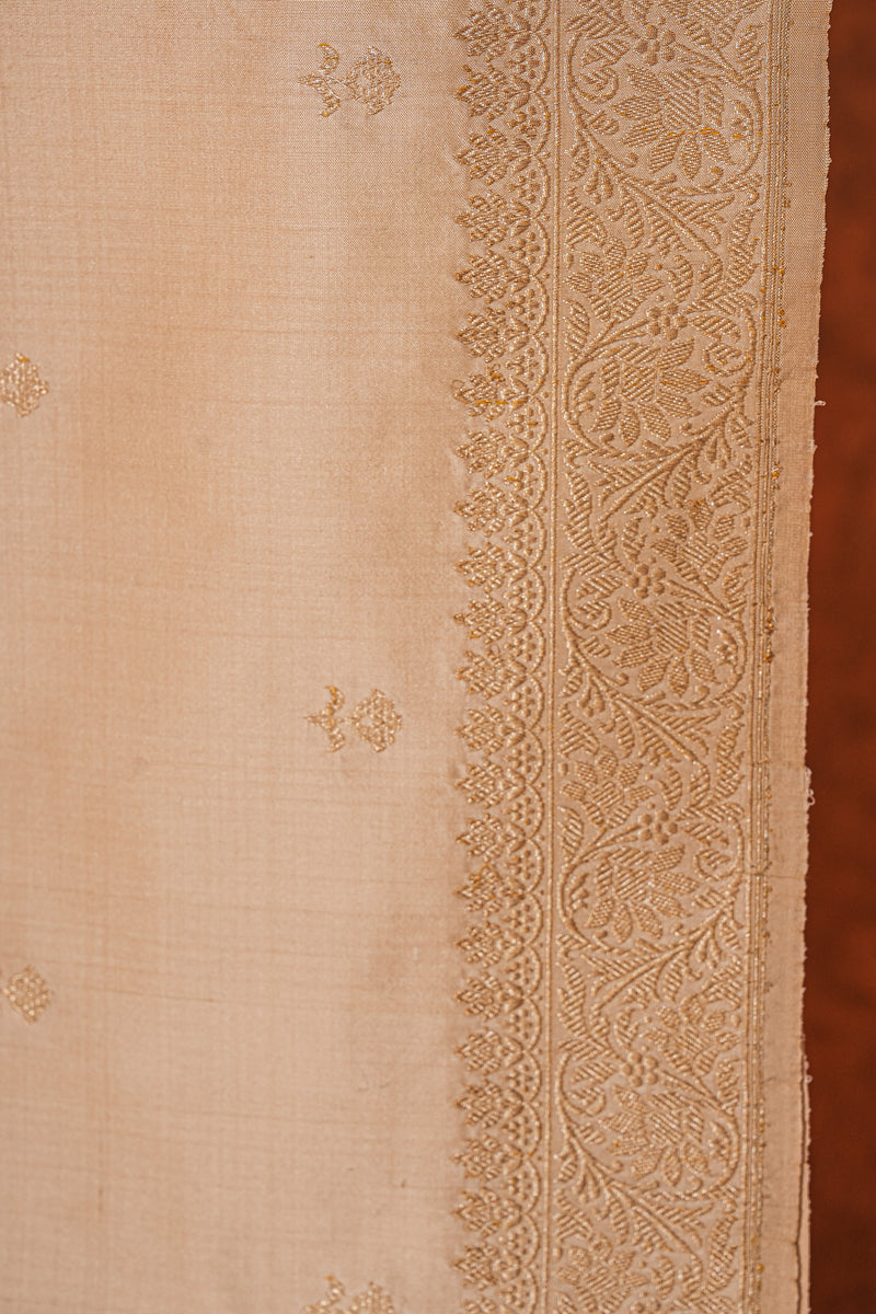 Real Zari Handloom Kadhua Banarasi Katan Silk Saree - Butidar - Beige Tulsi Floral