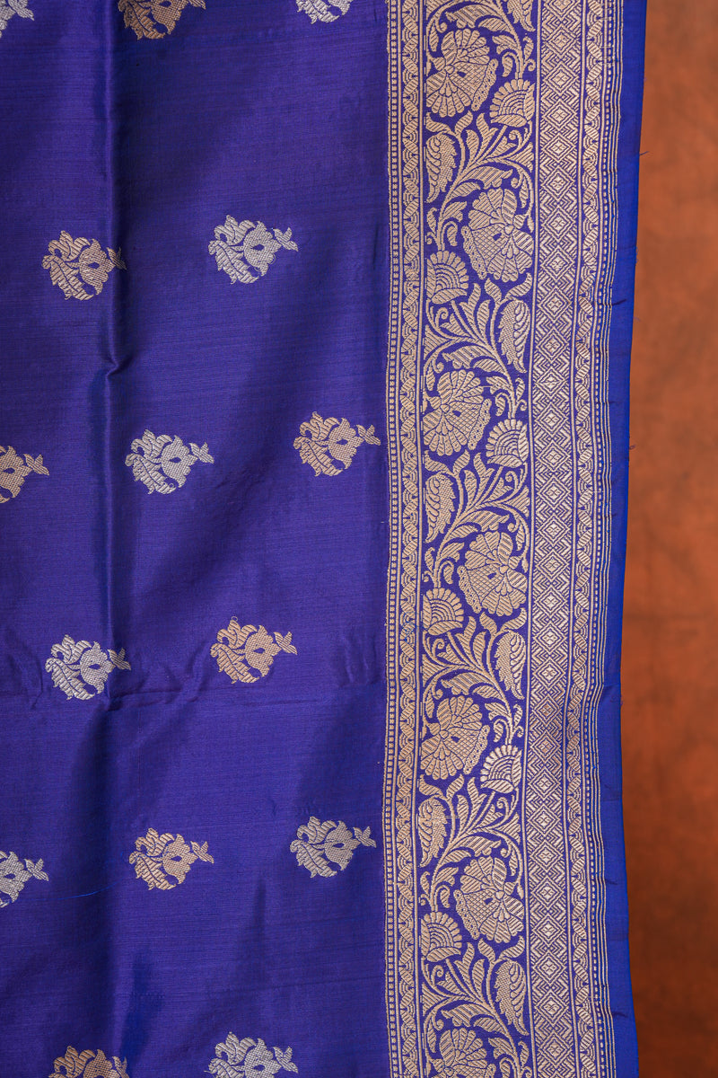 Handloom Kadhua Banarasi Katan Silk Saree - Butidar - Blue Sona Rupa Floral