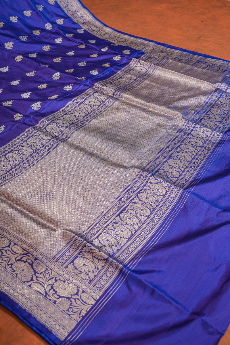 Handloom Kadhua Banarasi Katan Silk Saree - Butidar - Blue Sona Rupa Floral