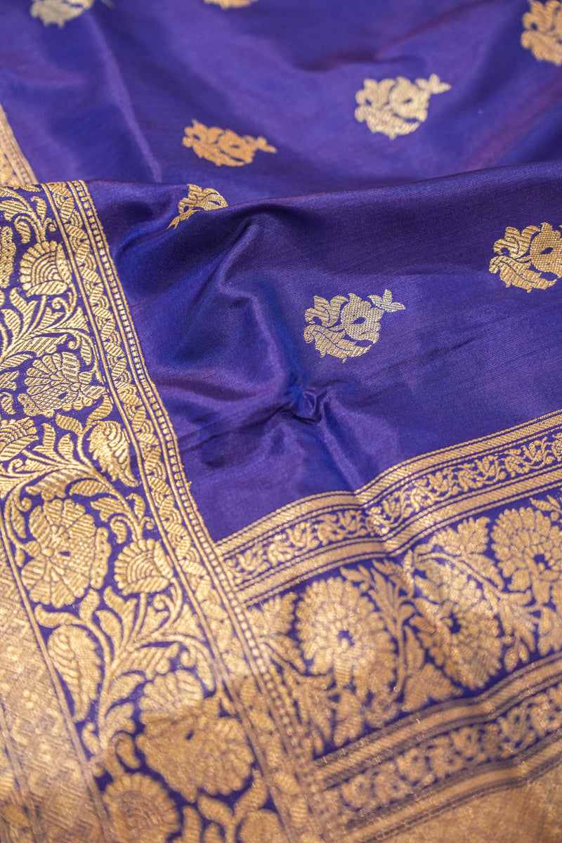 Handloom Kadhua Banarasi Katan Silk Saree - Butidar - Blue Sona Rupa Floral