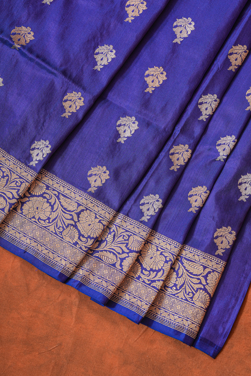 Handloom Kadhua Banarasi Katan Silk Saree - Butidar - Blue Sona Rupa Floral