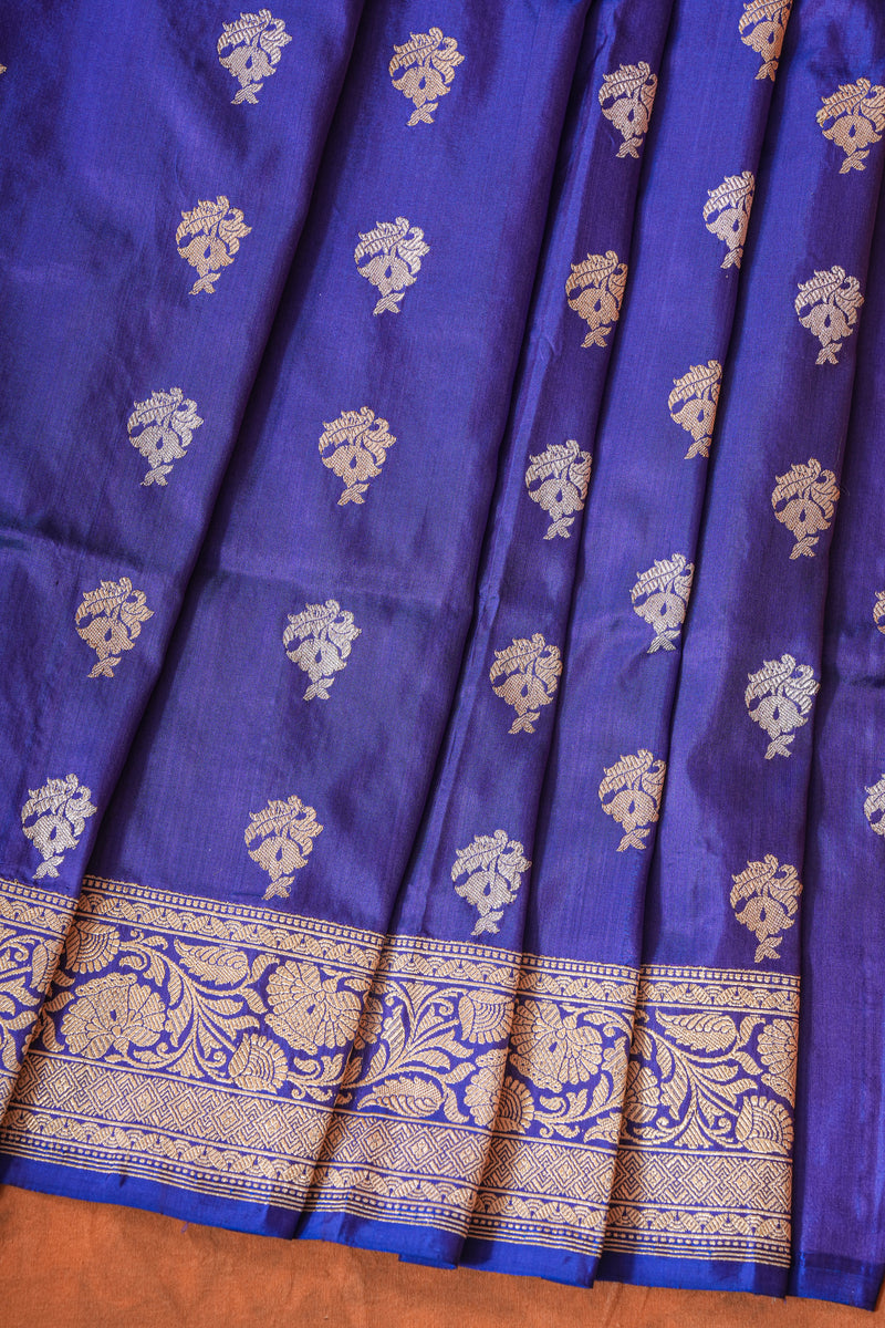 Handloom Kadhua Banarasi Katan Silk Saree - Butidar - Blue Sona Rupa Floral