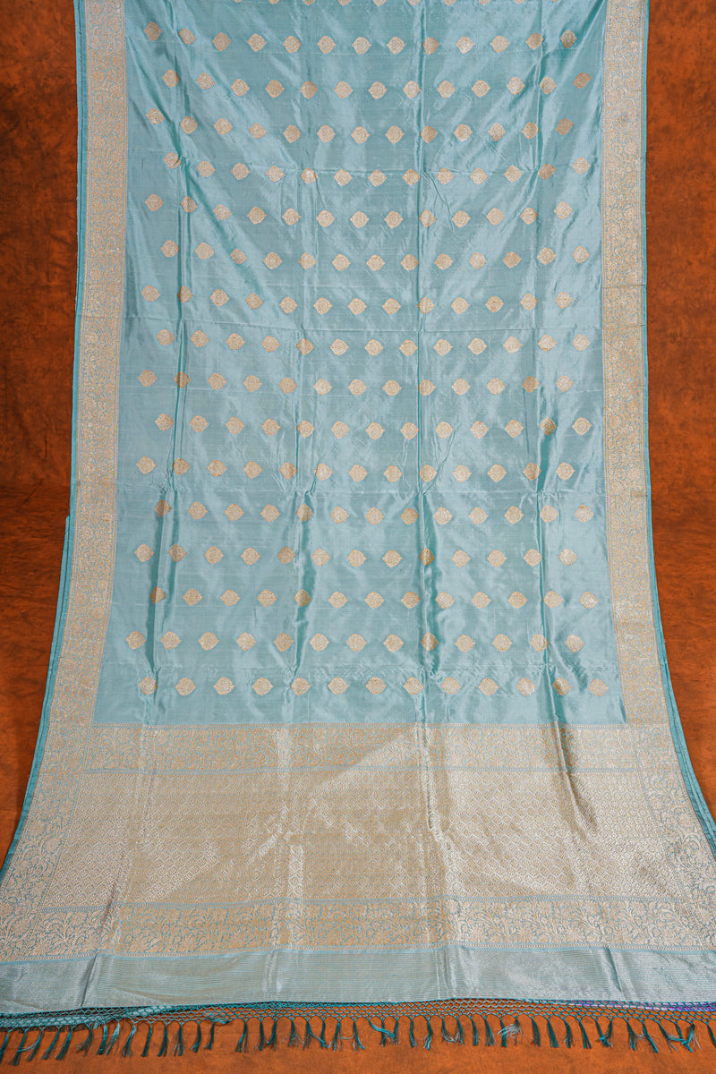 Real Zari Handloom Kadhua Banarasi Katan Silk Saree - Butidar - Light Blue Floral