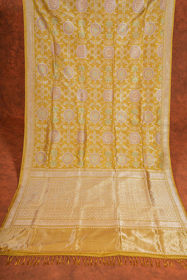 Real Zari Handloom Kadhua Banarasi Katan Silk Saree - Jaangla - Yellow Chakra Minakari