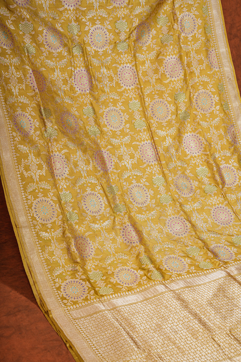 Real Zari Handloom Kadhua Banarasi Katan Silk Saree - Jaangla - Yellow Chakra Minakari