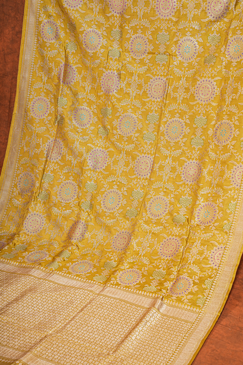 Real Zari Handloom Kadhua Banarasi Katan Silk Saree - Jaangla - Yellow Chakra Minakari