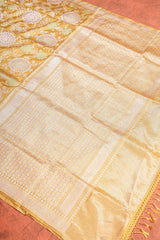 Real Zari Handloom Kadhua Banarasi Katan Silk Saree - Jaangla - Yellow Chakra Minakari