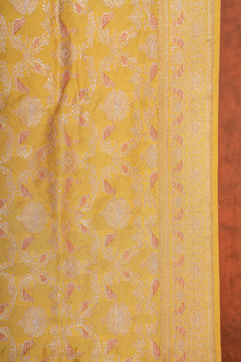 Real Zari Handloom Kadhua Banarasi Katan Silk Saree - Jaangla - Yellow Orange Minakari