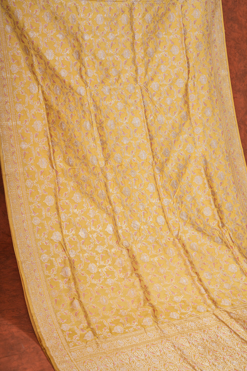 Real Zari Handloom Kadhua Banarasi Katan Silk Saree - Jaangla - Yellow Orange Minakari