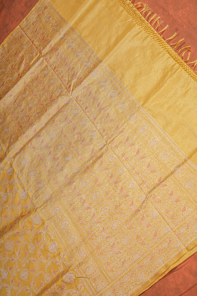 Real Zari Handloom Kadhua Banarasi Katan Silk Saree - Jaangla - Yellow Orange Minakari