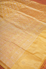 Real Zari Handloom Kadhua Banarasi Katan Silk Saree - Jaangla - Yellow Orange Minakari