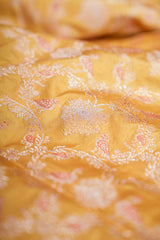 Real Zari Handloom Kadhua Banarasi Katan Silk Saree - Jaangla - Yellow Orange Minakari