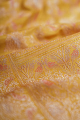 Real Zari Handloom Kadhua Banarasi Katan Silk Saree - Jaangla - Yellow Orange Minakari