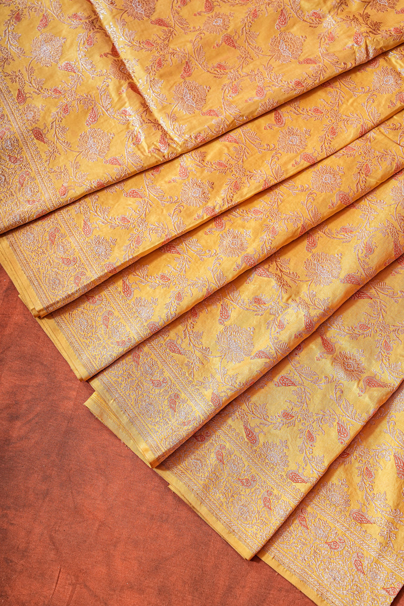 Real Zari Handloom Kadhua Banarasi Katan Silk Saree - Jaangla - Yellow Orange Minakari