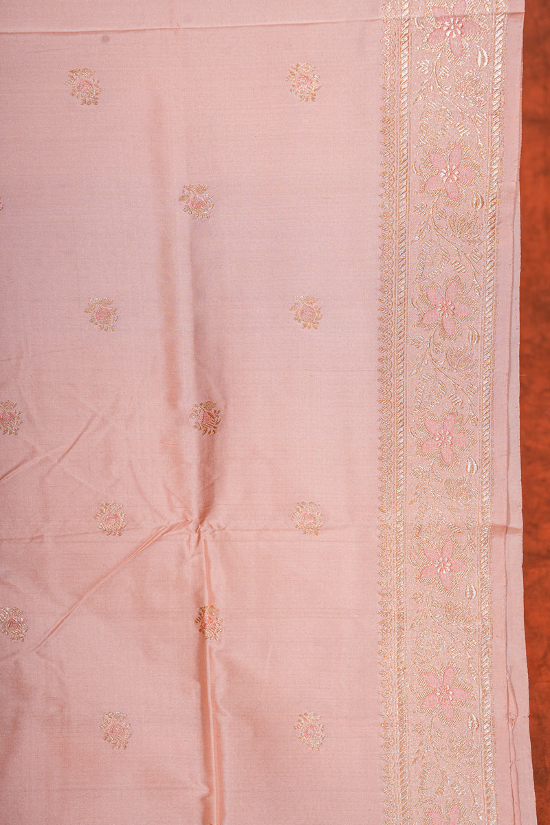 Real Zari Handloom Kadhua Banarasi Katan Silk Saree - Butidar - Peach Minedar