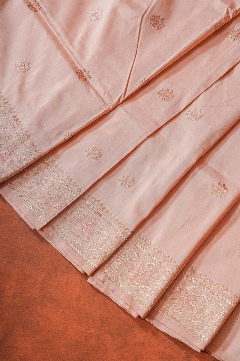 Real Zari Handloom Kadhua Banarasi Katan Silk Saree - Butidar - Peach Minedar