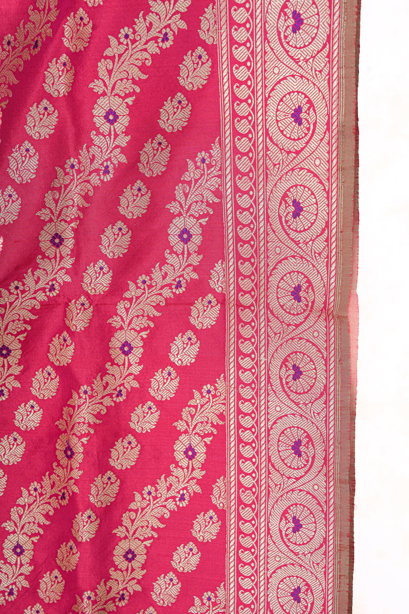 Real Zari Handloom Kadhua Banarasi Katan Silk Saree - Jaangla - Red Blue Minedar