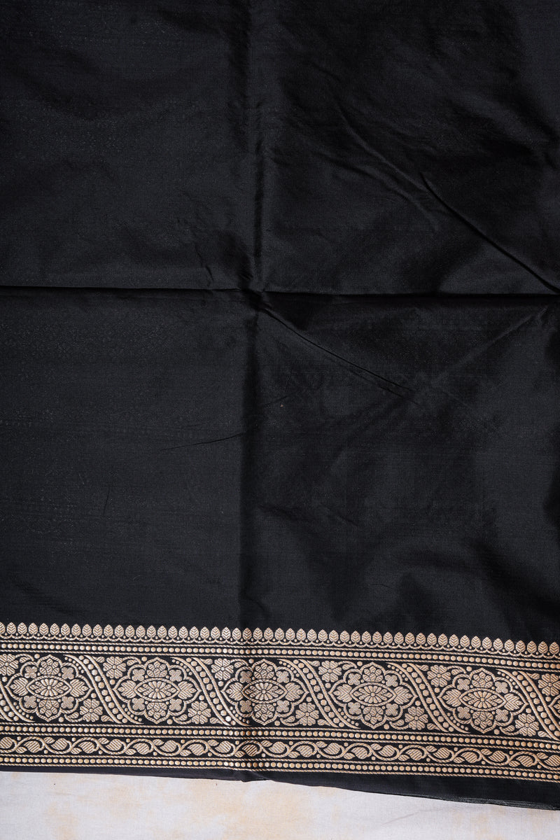 Real Zari Handloom Kadhua Banarasi Katan Silk Saree - Butidar - Black Floral